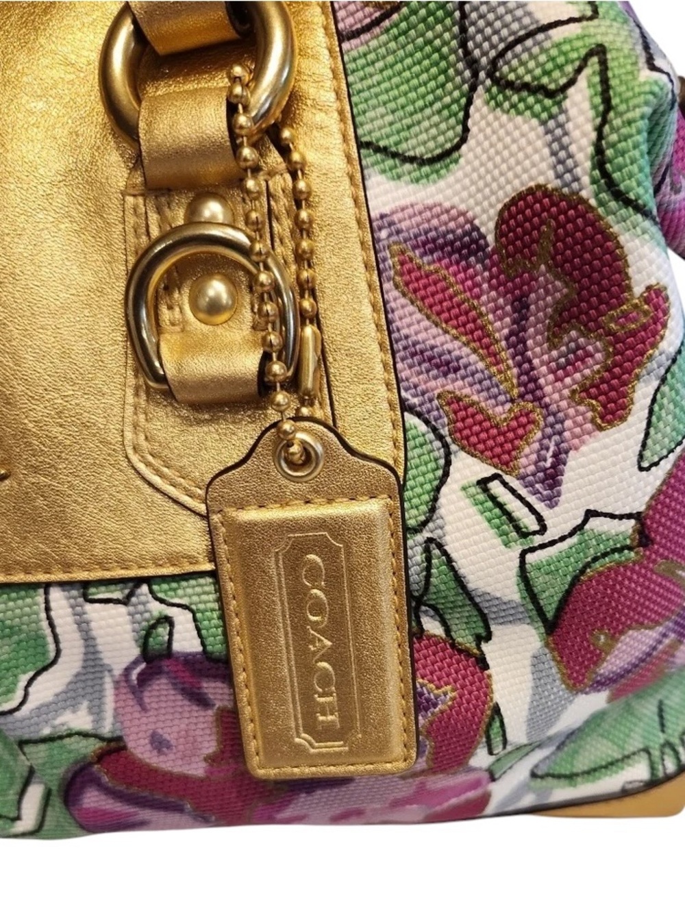 Coach 2010 Ashley Floral Iris Canvas and Metallic Gold Leather Satchel NWOT - Picture 2 of 7